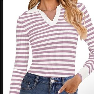 Striped V-Neck Sweater - Purple and White